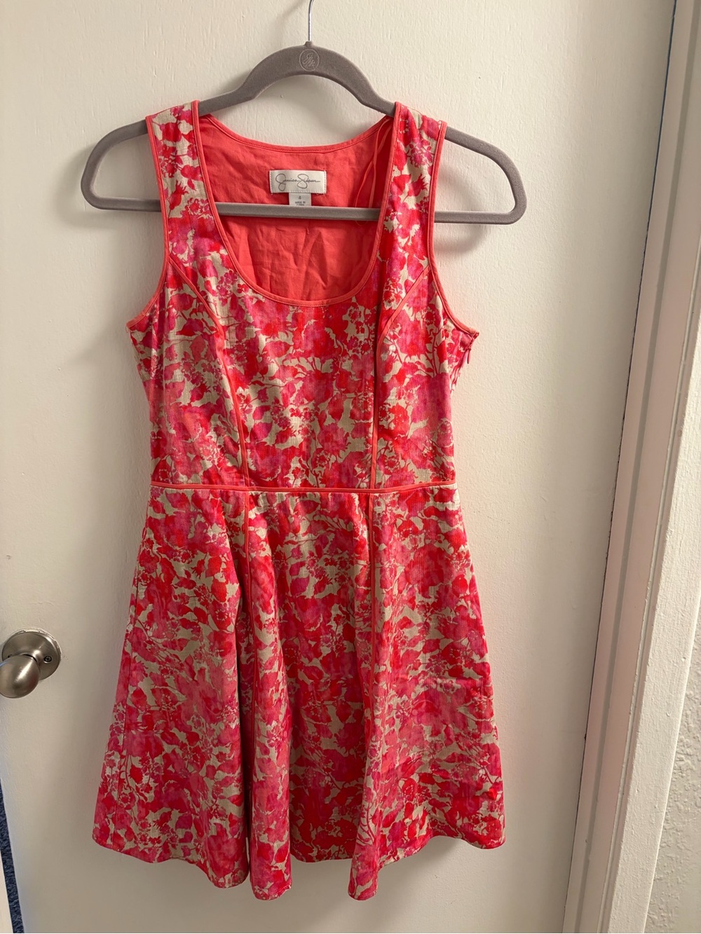 Jessica Simpson Pink Floral Jacquard Skater Dress Fit Flare Scoop Neck Mini 4